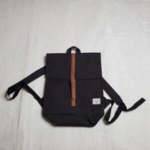 Herschel Supply Co Unisex City Backpack Black Faux Leather Buckle Strap One Size
